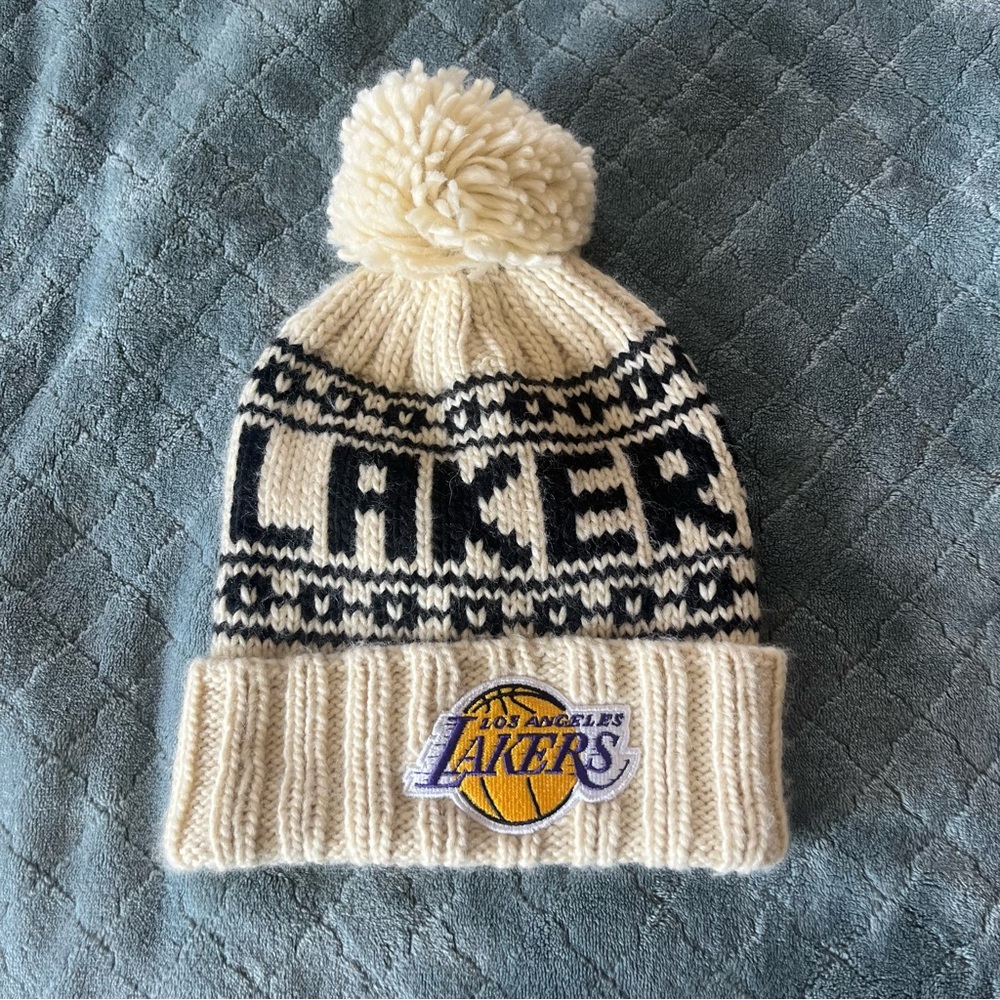 NBA Cream and Black LA Lakers Knit Hat with Pom-Pom - Picture 2 of 6
